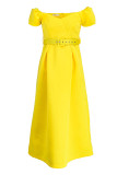 Yellow Fashion Celebrities Solid Patchwork V Neck A Line Dresses