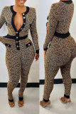 Black Sexy Print Patchwork Buckle O Neck Regular Jumpsuits