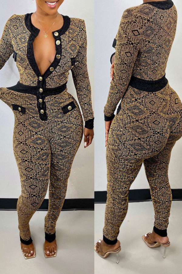 Black Sexy Print Patchwork Buckle O Neck Regular Jumpsuits