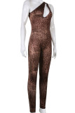 Brown Sexy Print Hollowed Out Patchwork Oblique Collar Skinny Jumpsuits