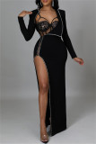 White Fashion Sexy Patchwork Hot Drilling See-through Long Sleeve Two Pieces