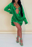 Green Sexy Solid Patchwork Asymmetrical V Neck Long Sleeve Two Pieces