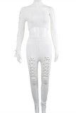 White Fashion Sexy Solid Sequins Oblique Collar Long Sleeve Two Pieces