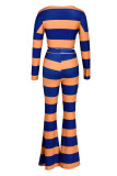 Blue Casual Striped Print Patchwork O Neck Long Sleeve Two Pieces