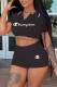 Black Fashion Sportswear Print Patchwork Turndown Collar Short Sleeve Two Pieces