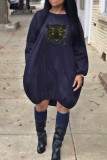 Deep Blue Fashion Casual Print Basic O Neck Long Sleeve Dresses