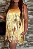 Yellow Fashion Sexy Patchwork Tassel Backless Square Collar Sling Dress
