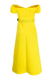 Yellow Fashion Celebrities Solid Patchwork V Neck A Line Dresses