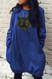 Deep Blue Fashion Casual Print Basic O Neck Long Sleeve Dresses
