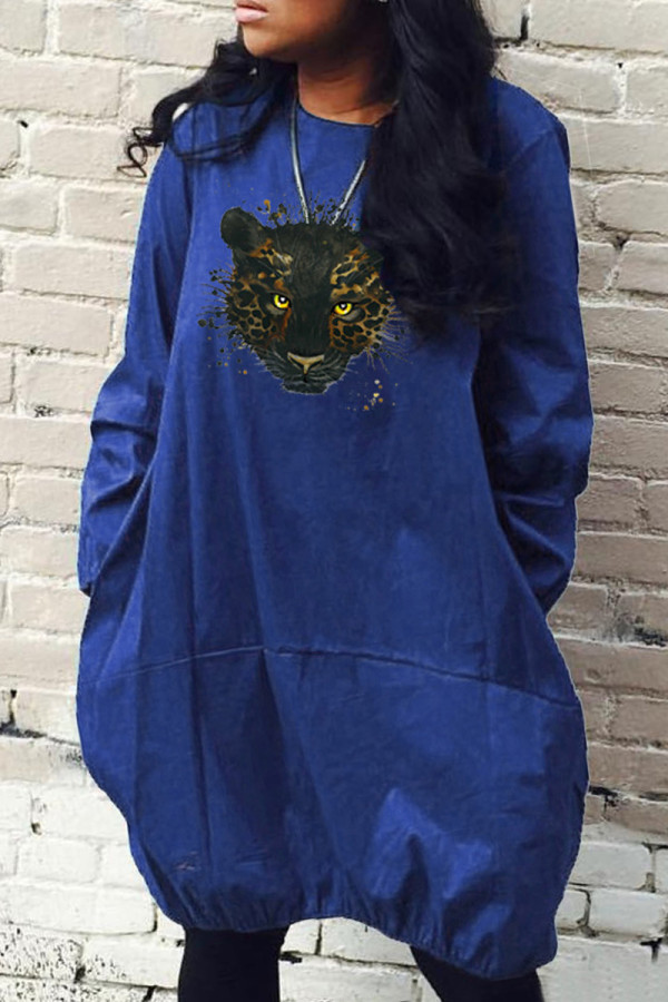 Blue Fashion Casual Print Basic O Neck Long Sleeve Dresses