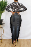 Black Fashion Casual Solid Tassel Patchwork Regular High Waist Skirt