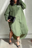 Green Casual Print Split Joint Buckle Turndown Collar Shirt Dress Dresses