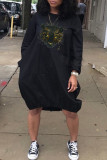 Deep Blue Fashion Casual Print Basic O Neck Long Sleeve Dresses