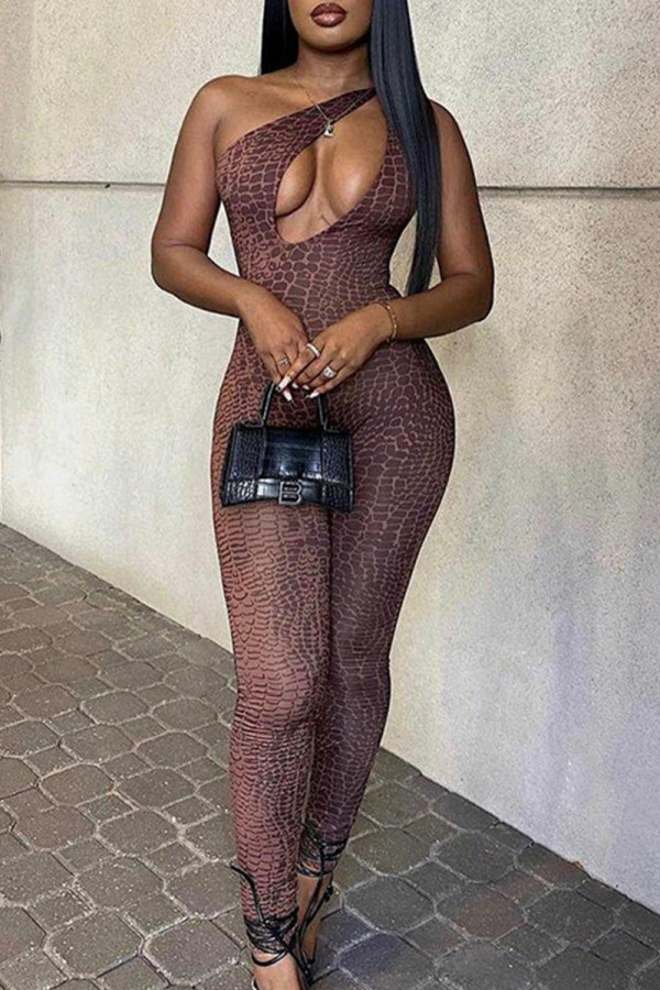 Brown Sexy Print Hollowed Out Patchwork Oblique Collar Skinny Jumpsuits