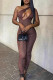 Brown Sexy Print Hollowed Out Patchwork Oblique Collar Skinny Jumpsuits