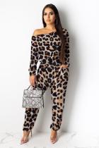 Leopard print Fashion Casual Camouflage Leopard grain Print Long Sleeve one shoulder collar