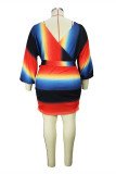 Tibetan Blue Fashion Casual Print With Belt V Neck Long Sleeve Plus Size Dresses