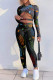 Black Sexy Print Hollowed Out Patchwork V Neck Long Sleeve Two Pieces