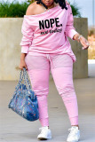Pink Fashion Casual Letter Print Basic Oblique Collar Long Sleeve Two Pieces