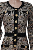 Black Sexy Print Patchwork Buckle O Neck Regular Jumpsuits