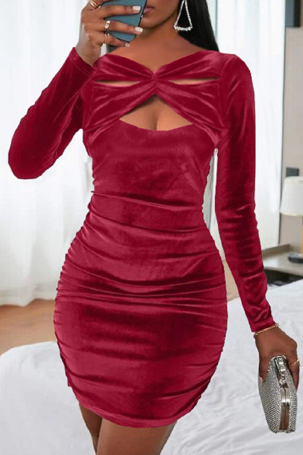 Red Fashion Sexy Solid Hollowed Out V Neck Long Sleeve Dresses