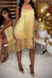 Yellow Fashion Sexy Patchwork Tassel Backless Square Collar Sling Dress