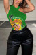 Green Fashion Street Print Patchwork One Shoulder T-Shirts
