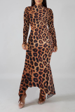 Leopard Print Sexy Print Patchwork Half A Turtleneck Irregular Dress Dresses