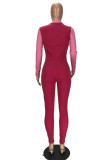Rose Red Fashion Casual Solid Patchwork Zipper Collar Skinny Jumpsuits