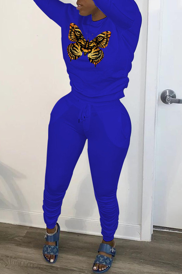 Blue Fashion Casual Print Basic O Neck Long Sleeve Two Pieces
