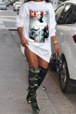White Fashion Casual Print Basic O Neck Long Sleeve Dresses