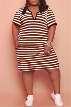 Dark Brown Fashion Casual Plus Size Striped Print Basic V Neck Short Sleeve Dress