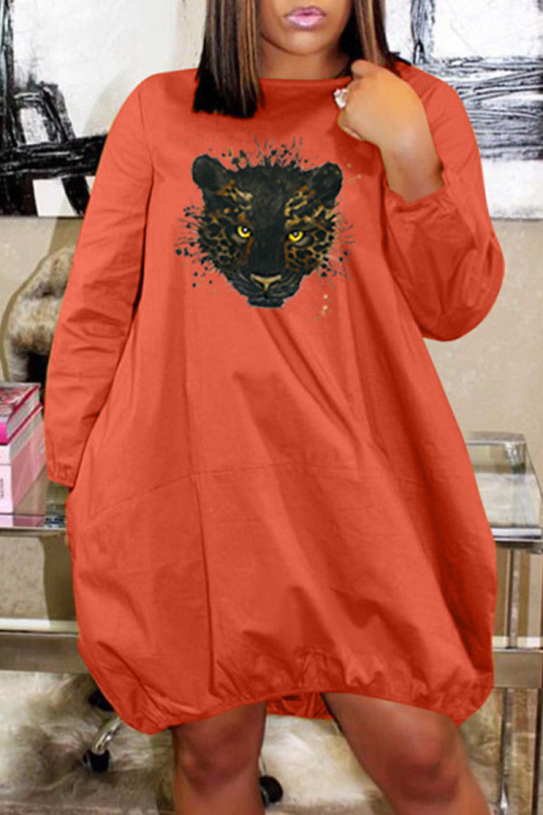 Orange Fashion Casual Print Basic O Neck Long Sleeve Dresses