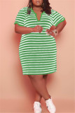 Green Fashion Casual Plus Size Striped Print Basic V Neck Short Sleeve Dress