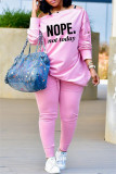 Pink Fashion Casual Letter Print Basic Oblique Collar Long Sleeve Two Pieces