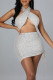 White Sexy Patchwork Bandage Hollowed Out Sequins Backless Halter Sleeveless Dress
