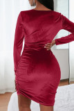 Red Fashion Sexy Solid Hollowed Out V Neck Long Sleeve Dresses