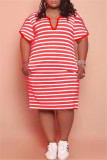Red Fashion Casual Plus Size Striped Print Basic V Neck Short Sleeve Dress