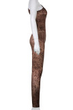 Brown Sexy Print Hollowed Out Patchwork Oblique Collar Skinny Jumpsuits