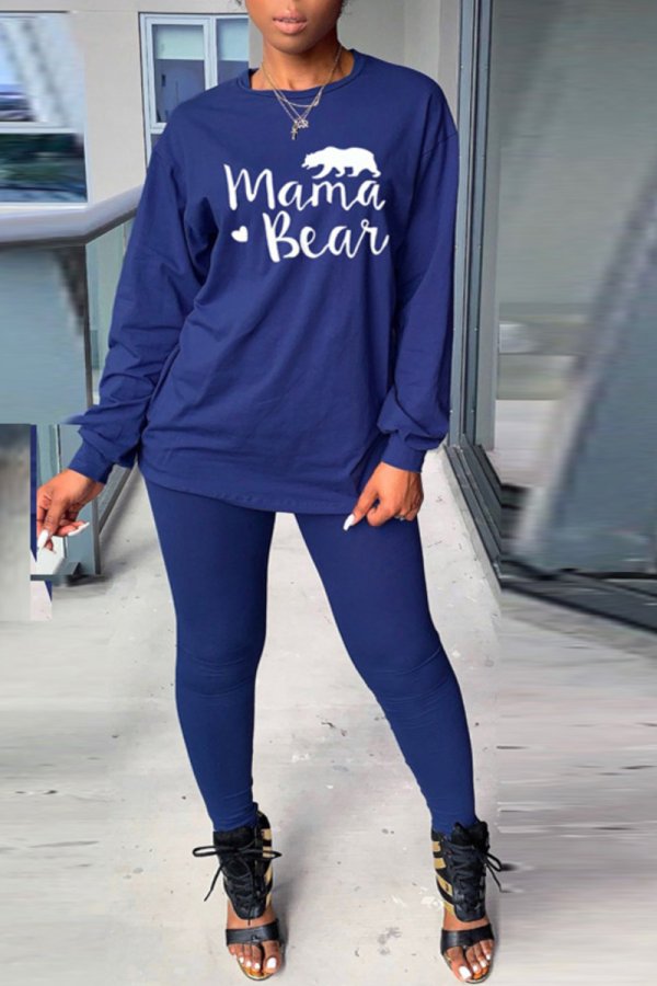 Royal Blue Casual Print Patchwork O Neck Long Sleeve Two Pieces