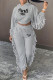 Gray White Fashion Print Tassel Hooded Collar Long Sleeve Two Pieces