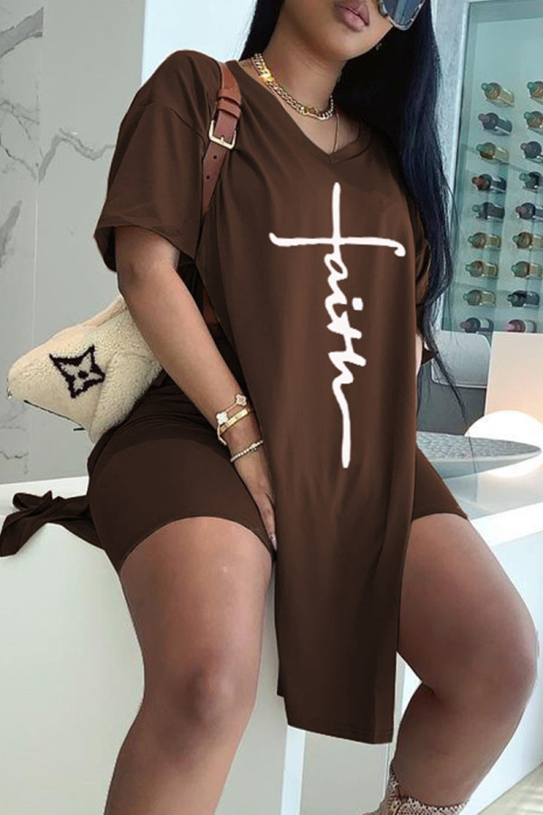 Coffee Fashion Casual Print Slit V Neck Short Sleeve Two Pieces