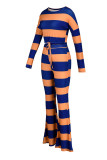 Blue Casual Striped Print Patchwork O Neck Long Sleeve Two Pieces