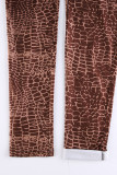 Brown Sexy Print Hollowed Out Patchwork Oblique Collar Skinny Jumpsuits