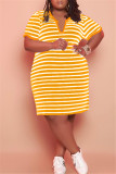 Dark Brown Fashion Casual Plus Size Striped Print Basic V Neck Short Sleeve Dress