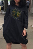 Deep Blue Fashion Casual Print Basic O Neck Long Sleeve Dresses