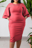 Blue Casual Solid Embroidered Patchwork O Neck Pencil Skirt Dresses