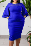Blue Casual Solid Embroidered Patchwork O Neck Pencil Skirt Dresses