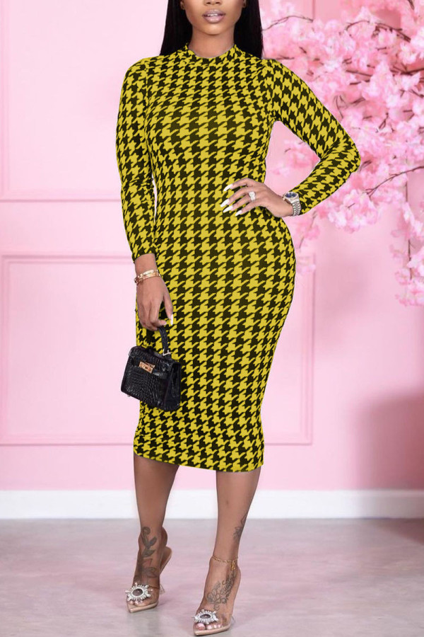 Yellow Casual Print Patchwork O Neck A Line Dresses