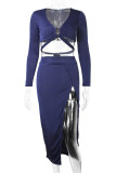 Navy Blue Fashion Sexy Solid Hollowed Out Slit V Neck Long Sleeve Two Pieces